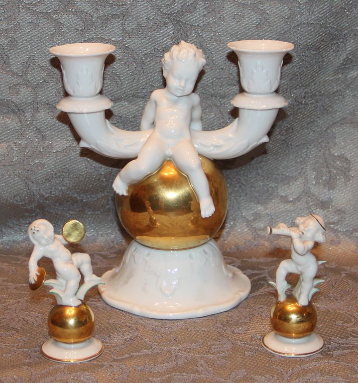 Набор из канделябра «Путти на золотом шаре» и двух фигурок «Путти-музыканты»